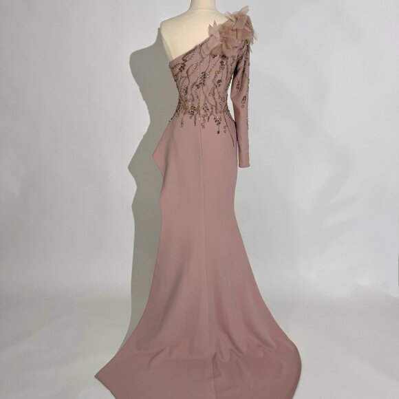 Brand New US 6 Tony Ward One Shoulder Evening Gown with Gold Beading - Picture 2 of 7